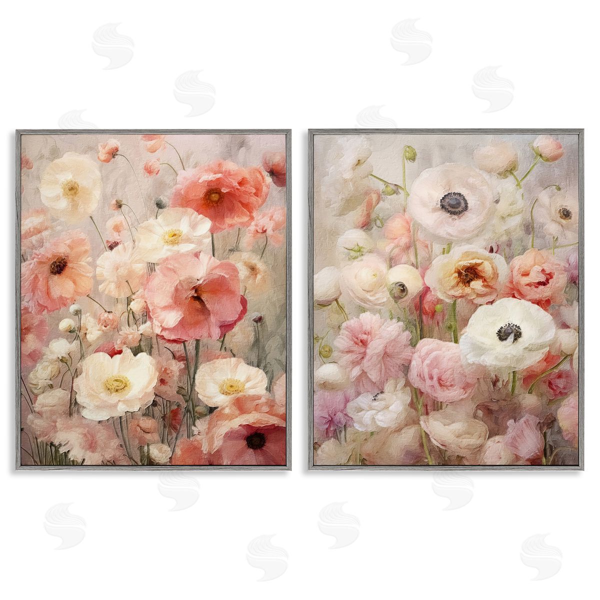 Riley B Blush Floral Flowers Gray Framed Giclee Wall Art Print