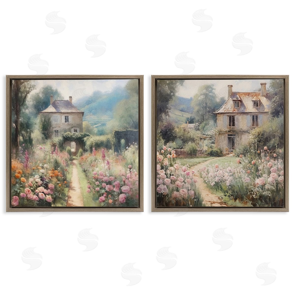 Riley B Quaint French Country Garden Brown Floating Frame Canvas Wall Art Print