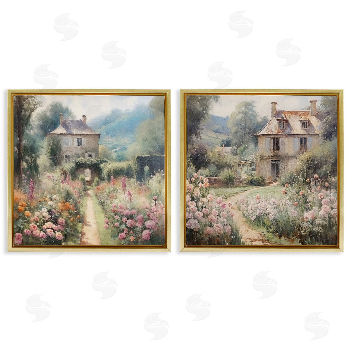 Riley B Quaint French Country Garden Gold Floating Frame Canvas Wall Art Print