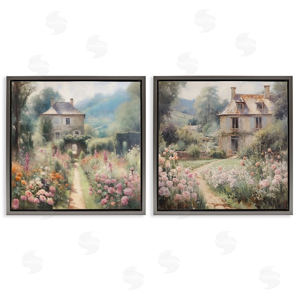 Riley B Quaint French Country Garden Gray Floating Frame Canvas Wall Art Print