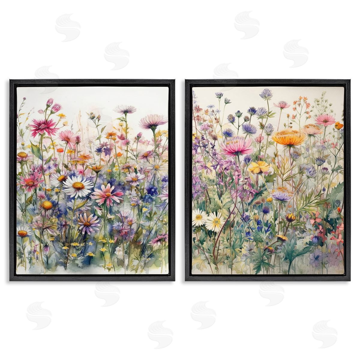 Ryley Gray Watercolor Daisy & Aster Field Black Floating Frame Canvas Wall Art Print