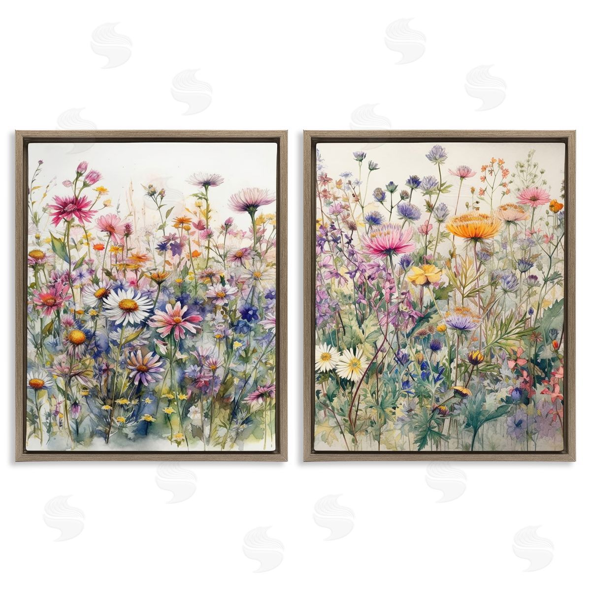 Ryley Gray Watercolor Daisy & Aster Field Brown Floating Frame Canvas Wall Art Print