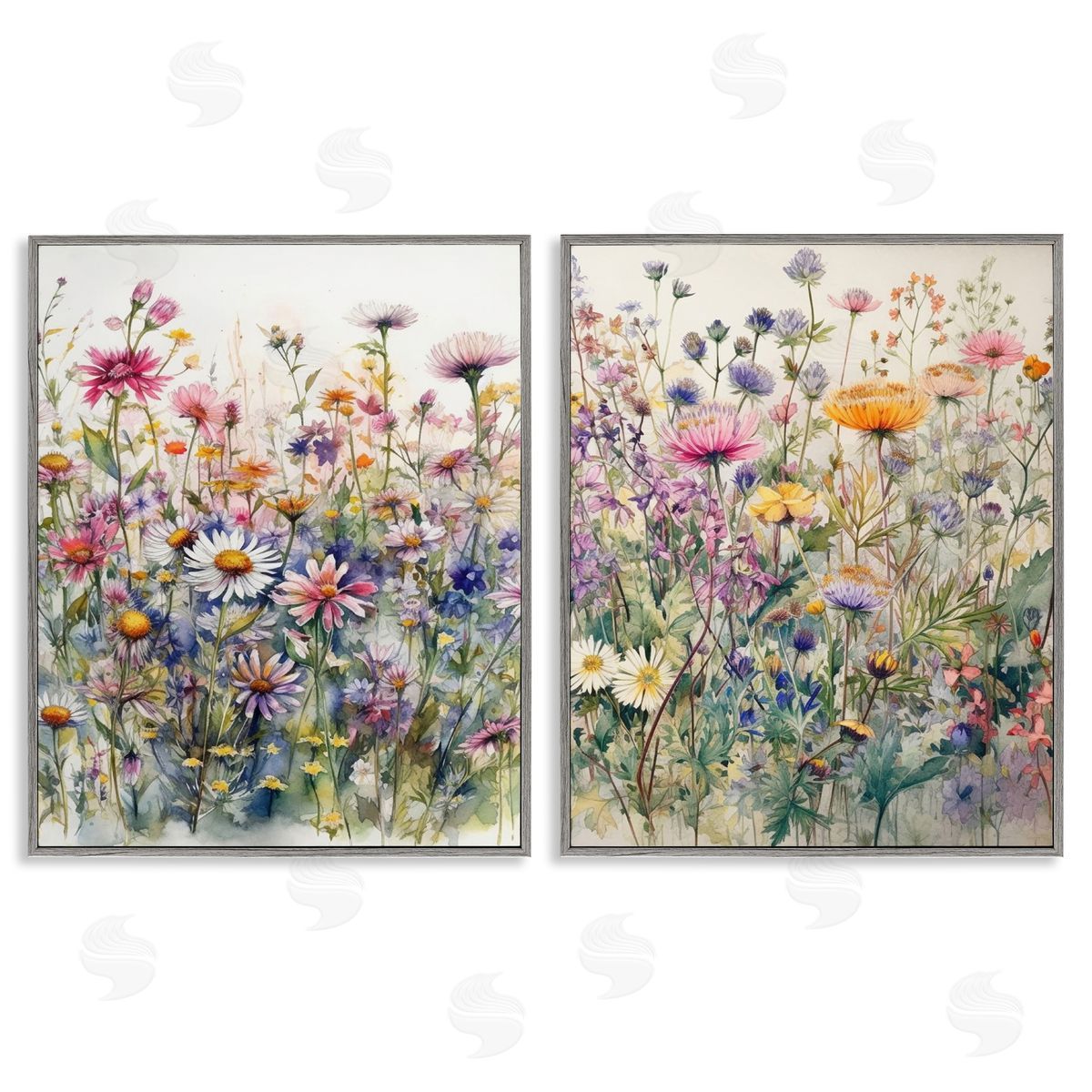 Ryley Gray Watercolor Daisy & Aster Field Gray Framed Giclee Wall Art Print