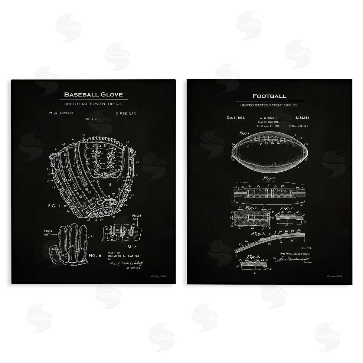 Susan Ball Football Baseball Glove Patent Canvas Wall Art Print