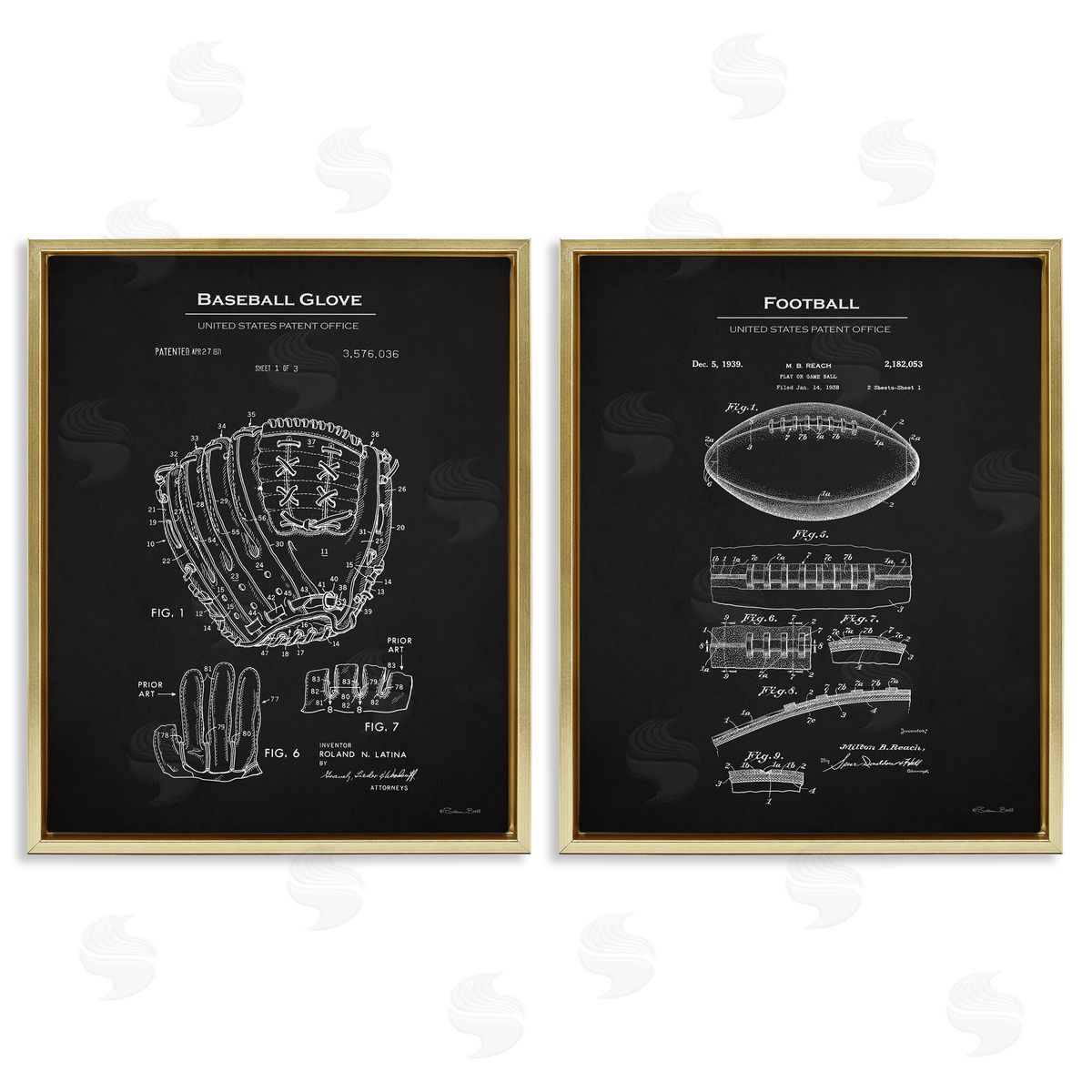 Susan Ball Football Baseball Glove Patent Gold Floating Frame Canvas Wall Art Print