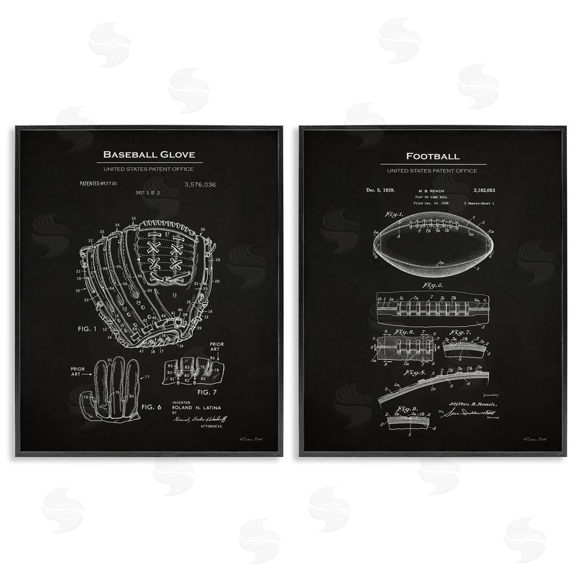 Susan Ball Football Baseball Glove Patent Black Framed Giclee Wall Art Print