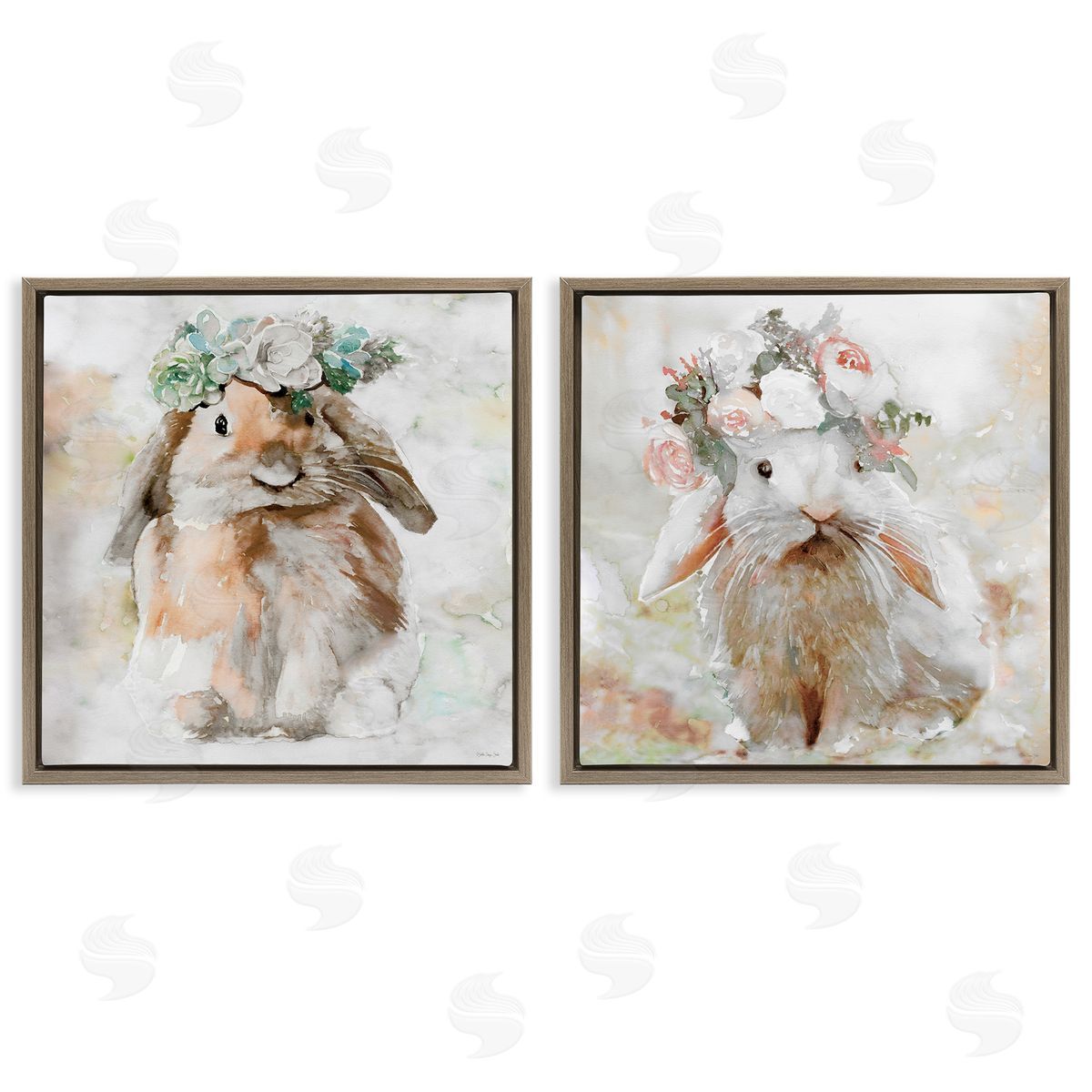 Stellar Design Studio Soft Spring Floral Bunnies Brown Floating Frame Canvas Wall Art Print
