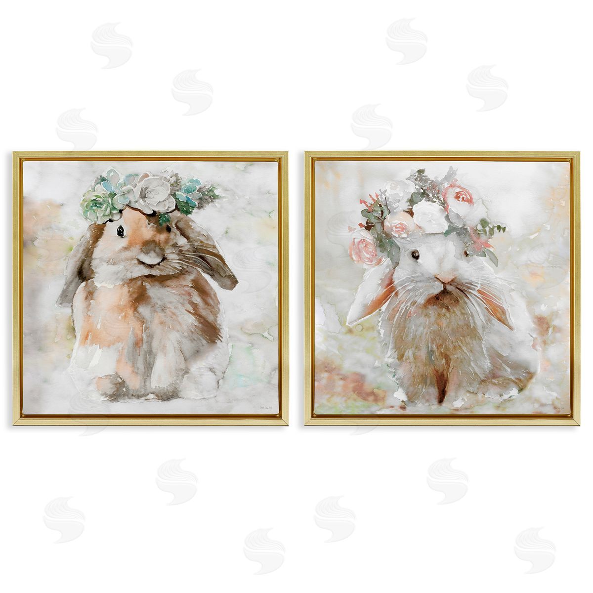 Stellar Design Studio Soft Spring Floral Bunnies Gold Floating Frame Canvas Wall Art Print