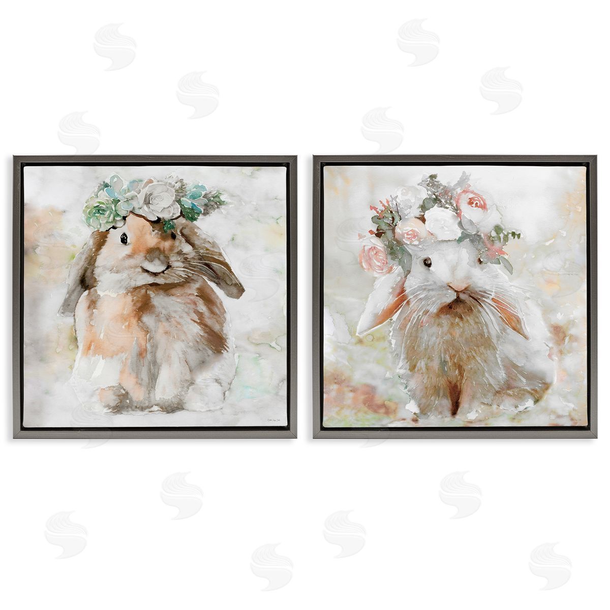 Stellar Design Studio Soft Spring Floral Bunnies Gray Floating Frame Canvas Wall Art Print