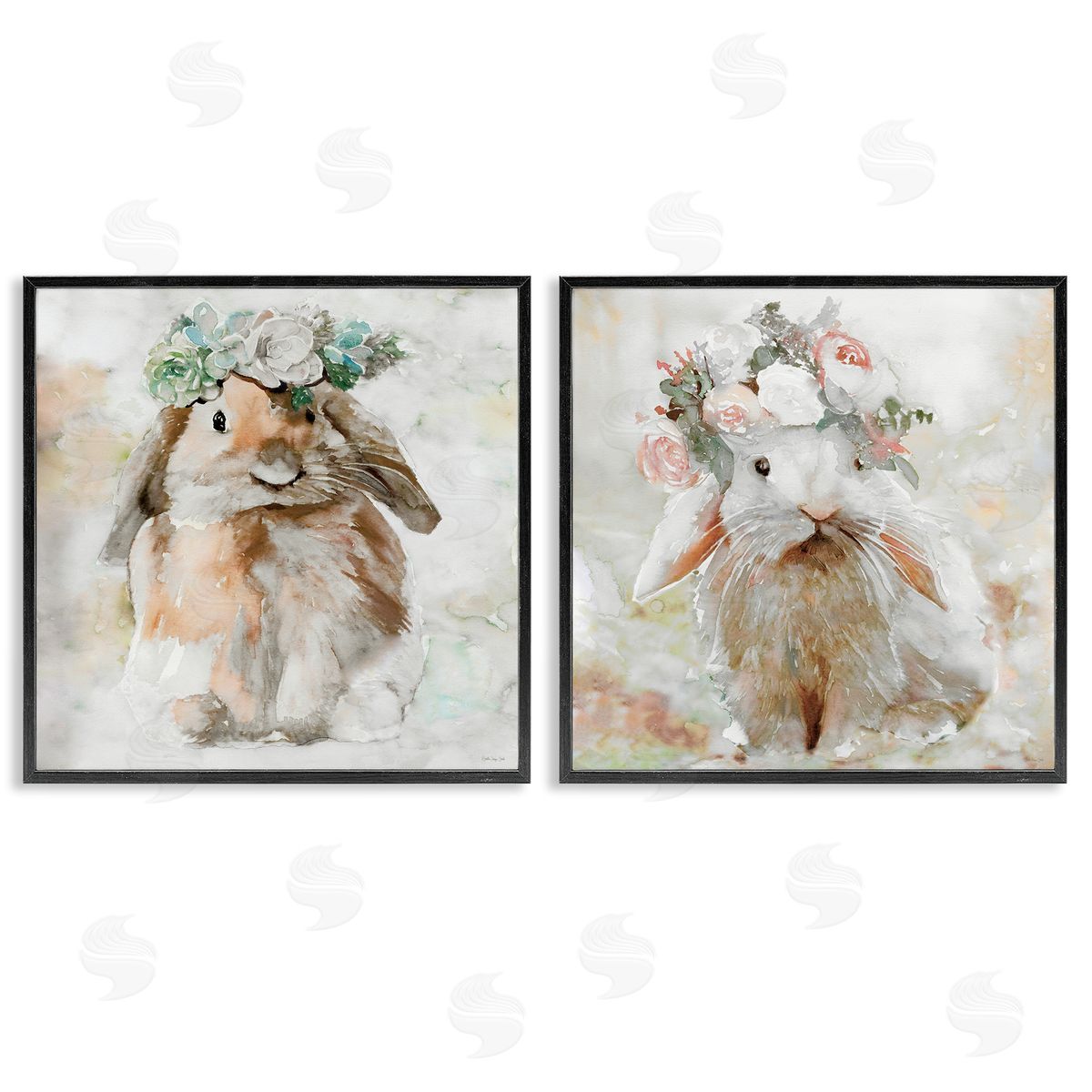 Stellar Design Studio Soft Spring Floral Bunnies Black Framed Giclee Wall Art Print