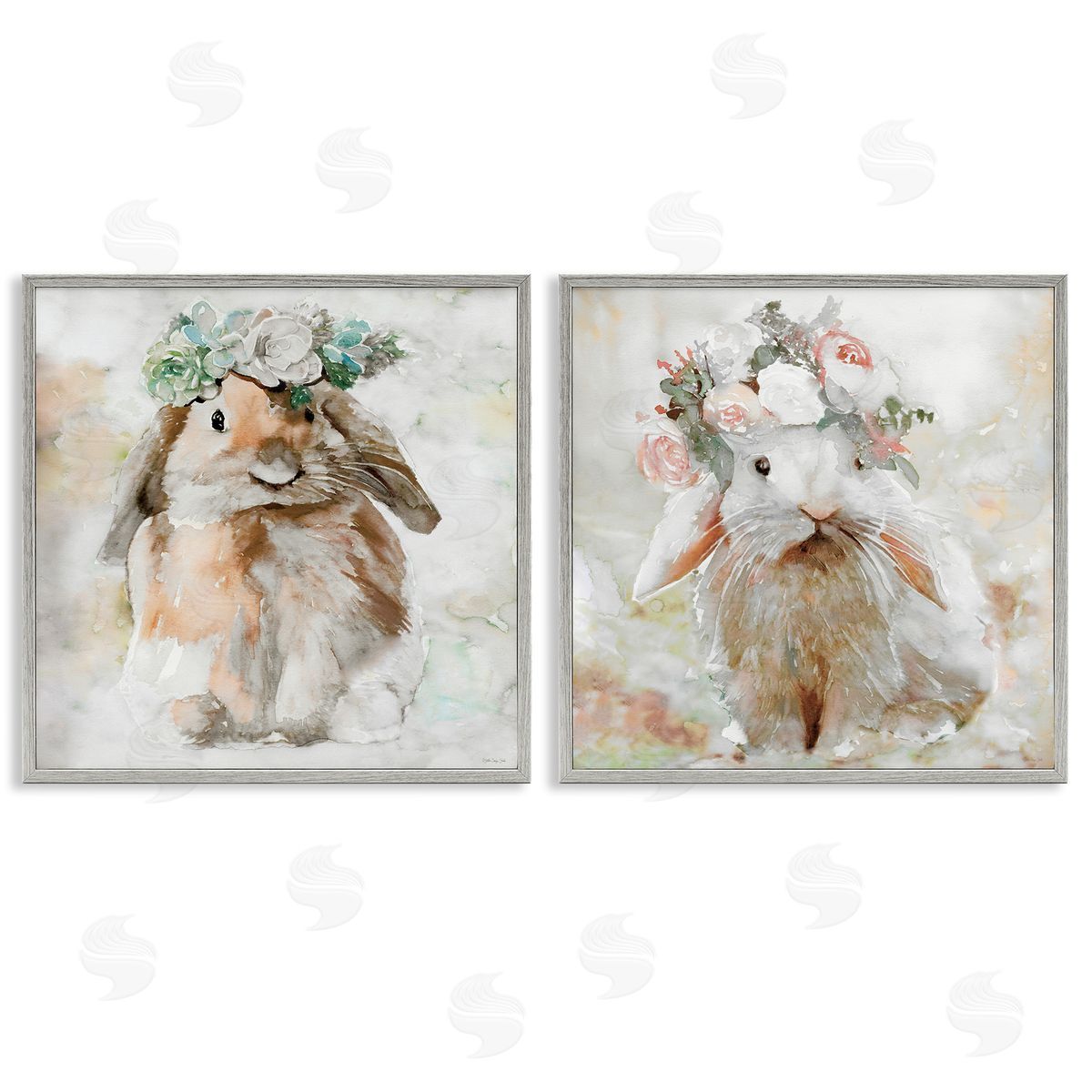 Stellar Design Studio Soft Spring Floral Bunnies Gray Framed Giclee Wall Art Print