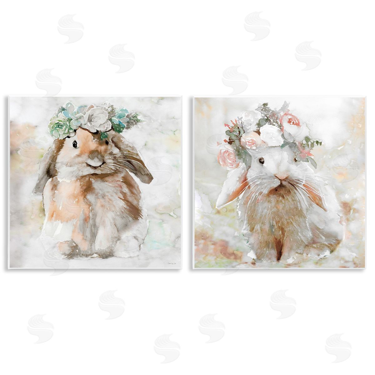 Stellar Design Studio Soft Spring Floral Bunnies Wooden Wall Plaque Art Print