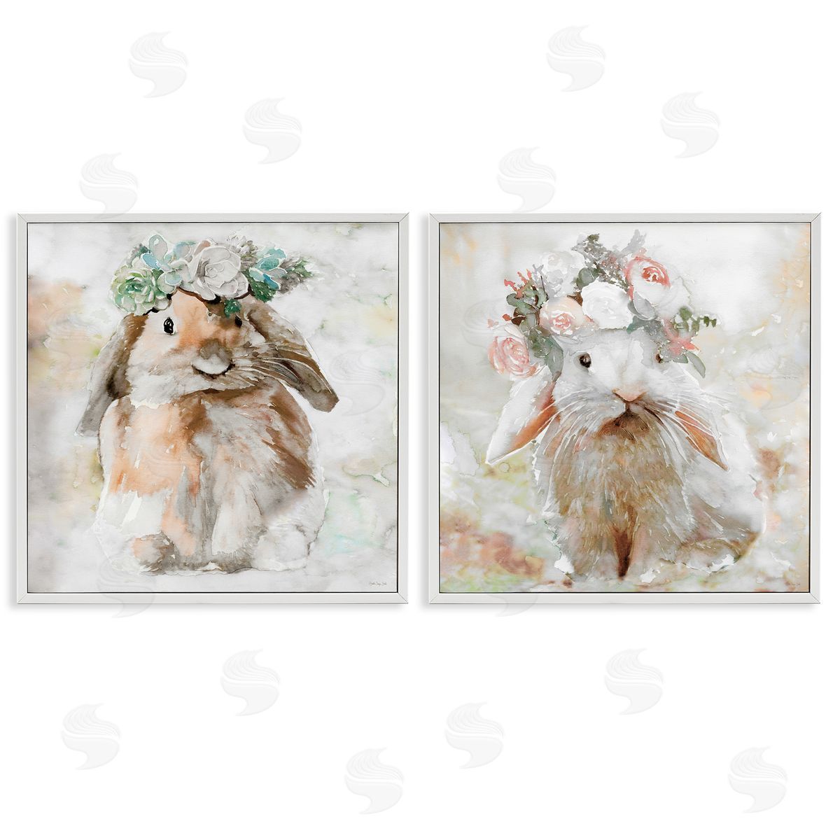 Stellar Design Studio Soft Spring Floral Bunnies White Framed Giclee Wall Art Print