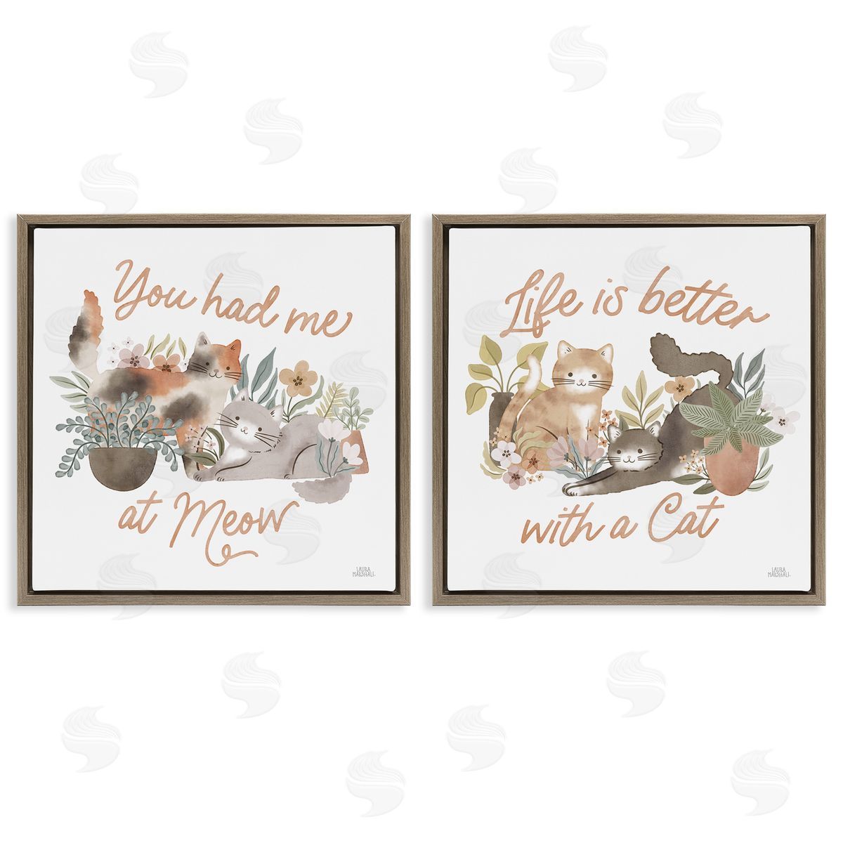 Laura Marshall Garden Friends Cat Phrases Brown Floating Frame Canvas Wall Art Print