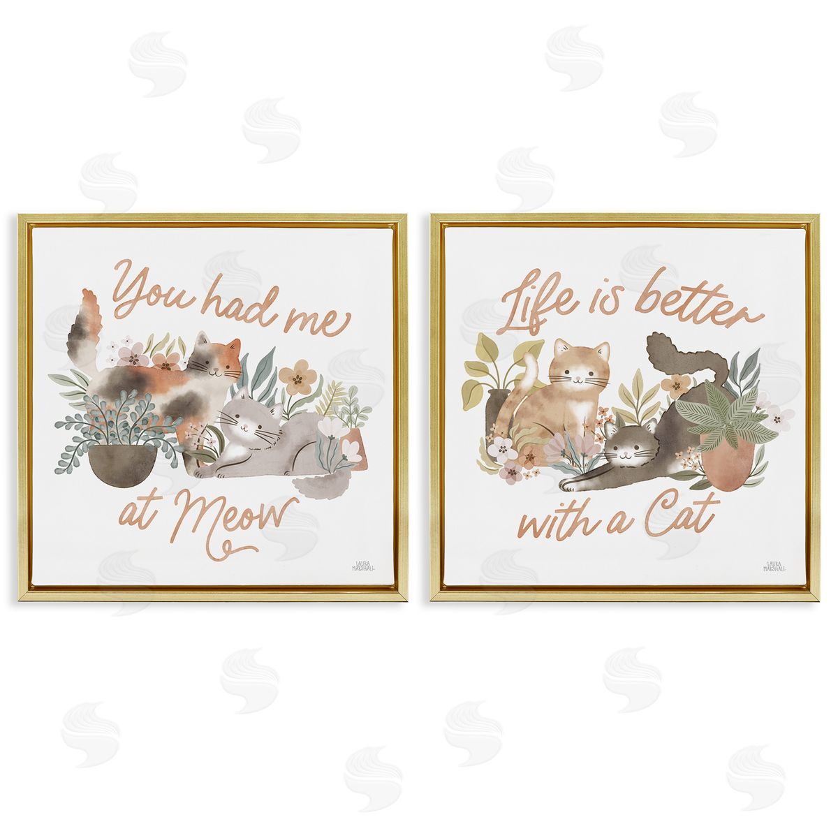 Laura Marshall Garden Friends Cat Phrases Gold Floating Frame Canvas Wall Art Print