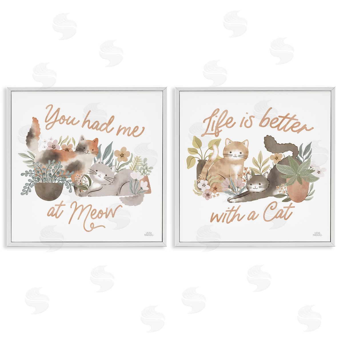 Laura Marshall Garden Friends Cat Phrases White Framed Giclee Wall Art Print