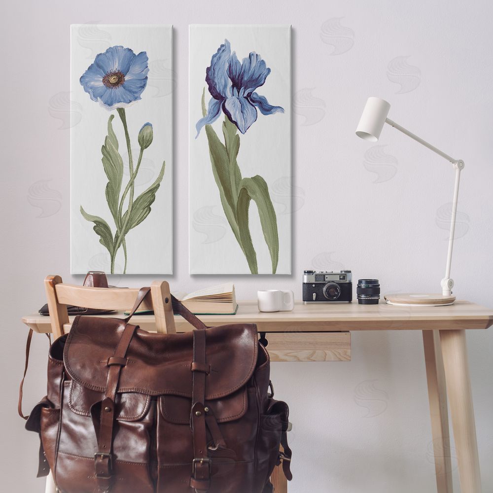 Elizabeth Medley Blue Poppy and Iris Flowers Canvas Wall Art Print in Room