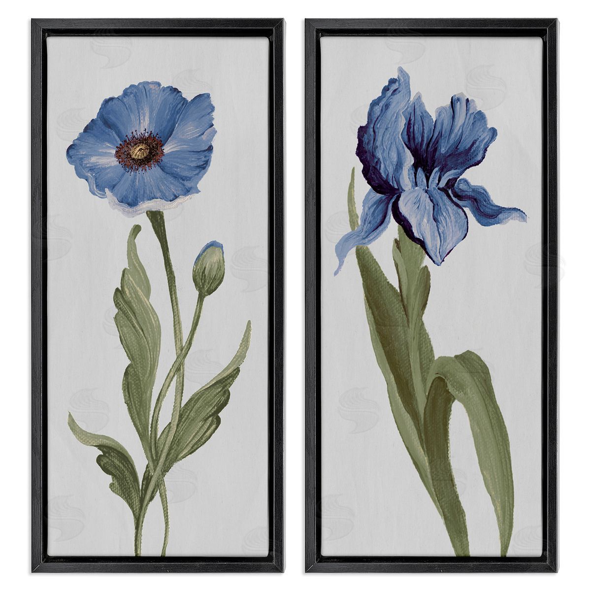 Elizabeth Medley Blue Poppy and Iris Flowers Black Floating Frame Canvas Wall Art Print