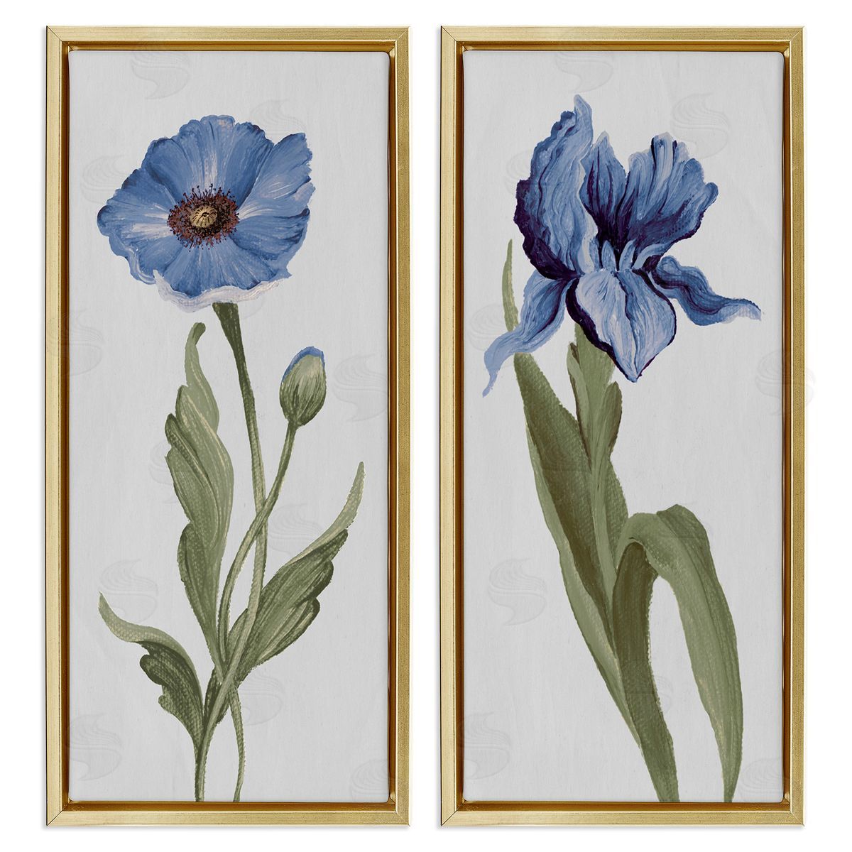 Elizabeth Medley Blue Poppy and Iris Flowers Gold Floating Frame Canvas Wall Art Print