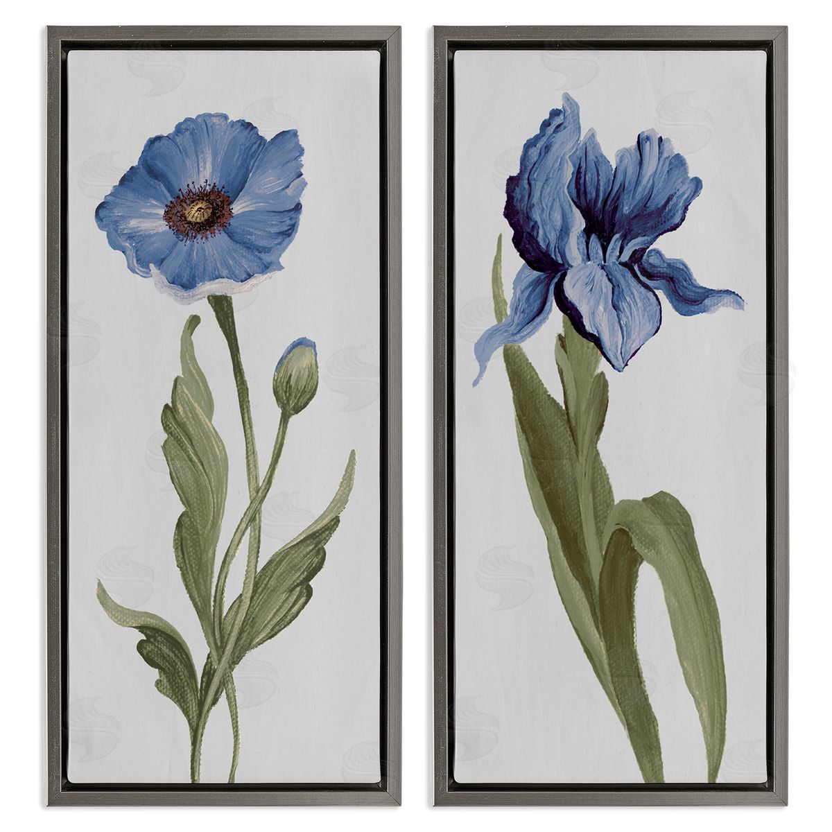 Elizabeth Medley Blue Poppy and Iris Flowers Gray Floating Frame Canvas Wall Art Print