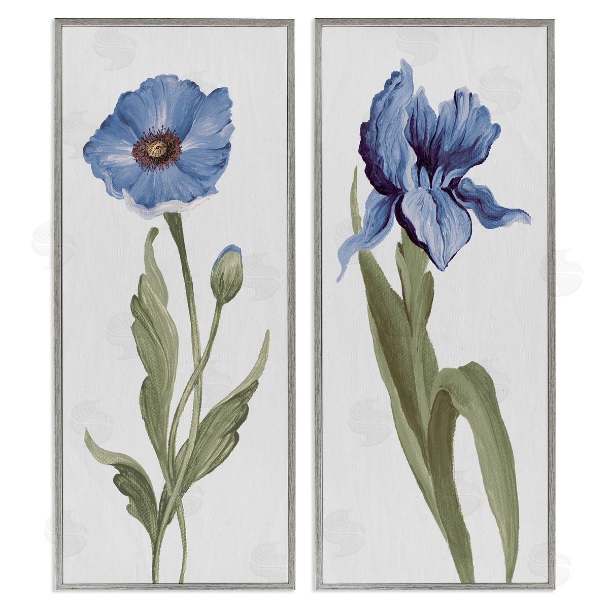 Elizabeth Medley Blue Poppy and Iris Flowers Gray Framed Giclee Wall Art Print