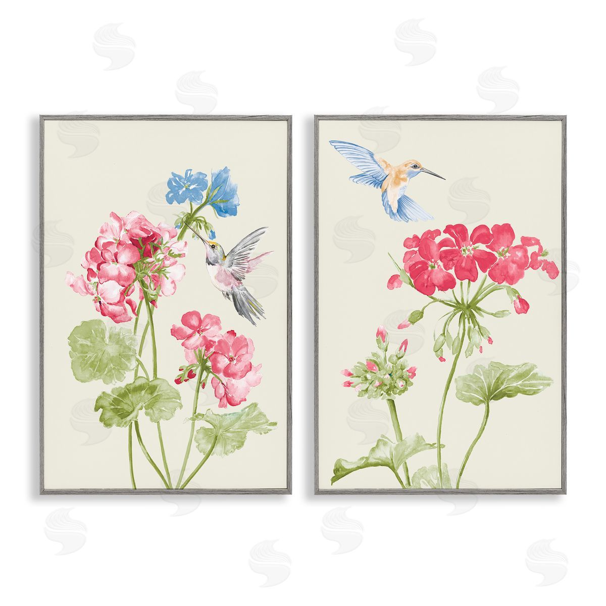 Patricia Pinto Pink Geranium Hummingbirds  Gray Framed Giclee Wall Art Print