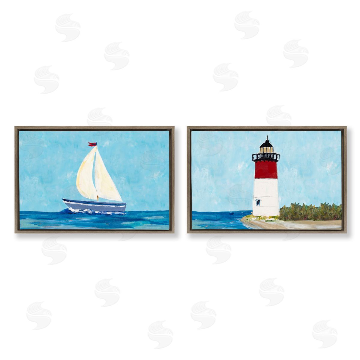 Julie DeRice Nautical Sail the Sea Lighthouse  Brown Floating Frame Canvas Wall Art Print