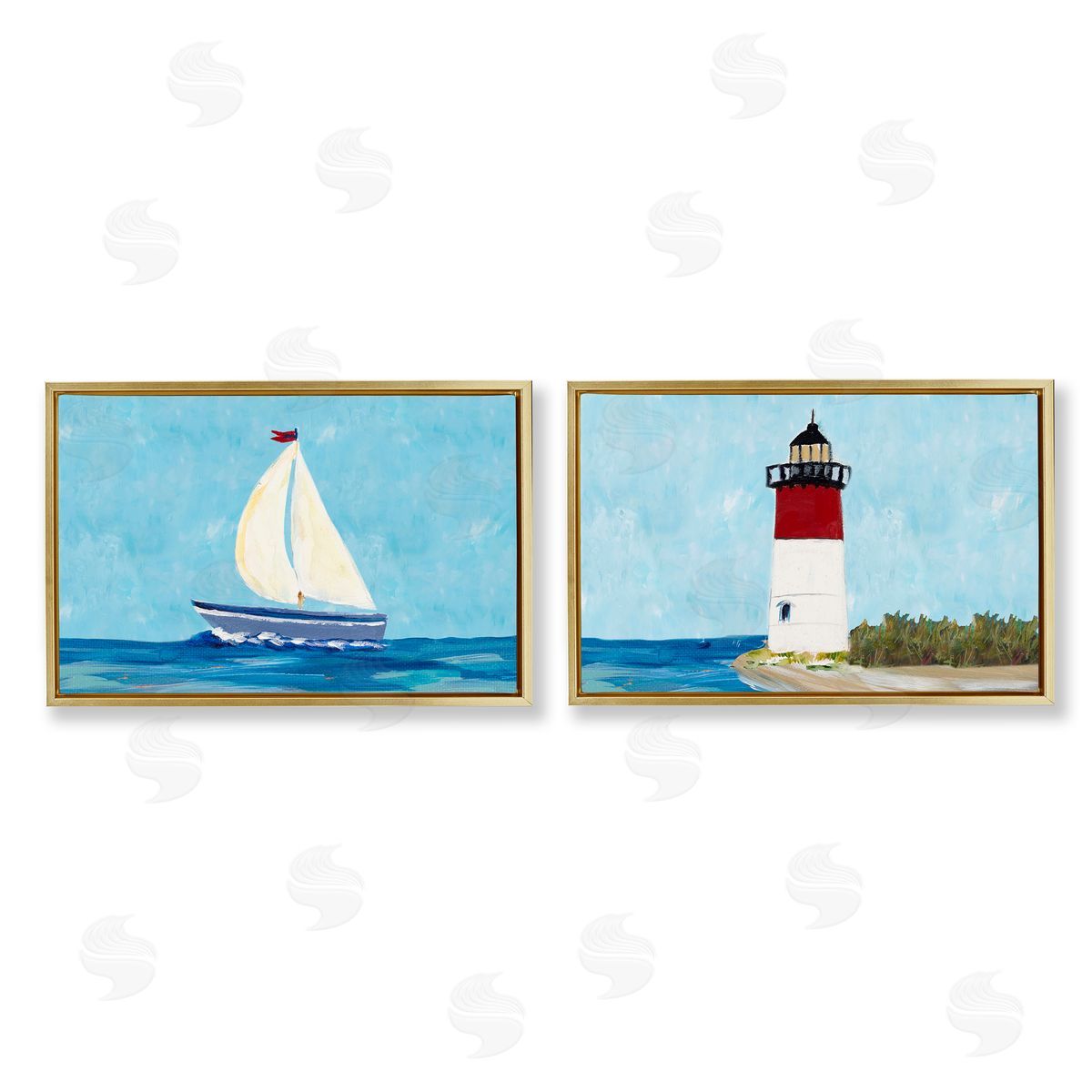 Julie DeRice Nautical Sail the Sea Lighthouse  Gold Floating Frame Canvas Wall Art Print