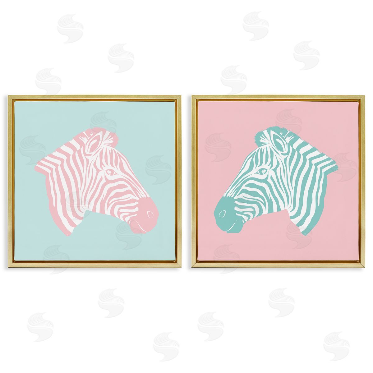 Sweet Pink and Teal Zebras Gold Floating Frame Canvas Wall Art, Home Decor by Martina Pavlova