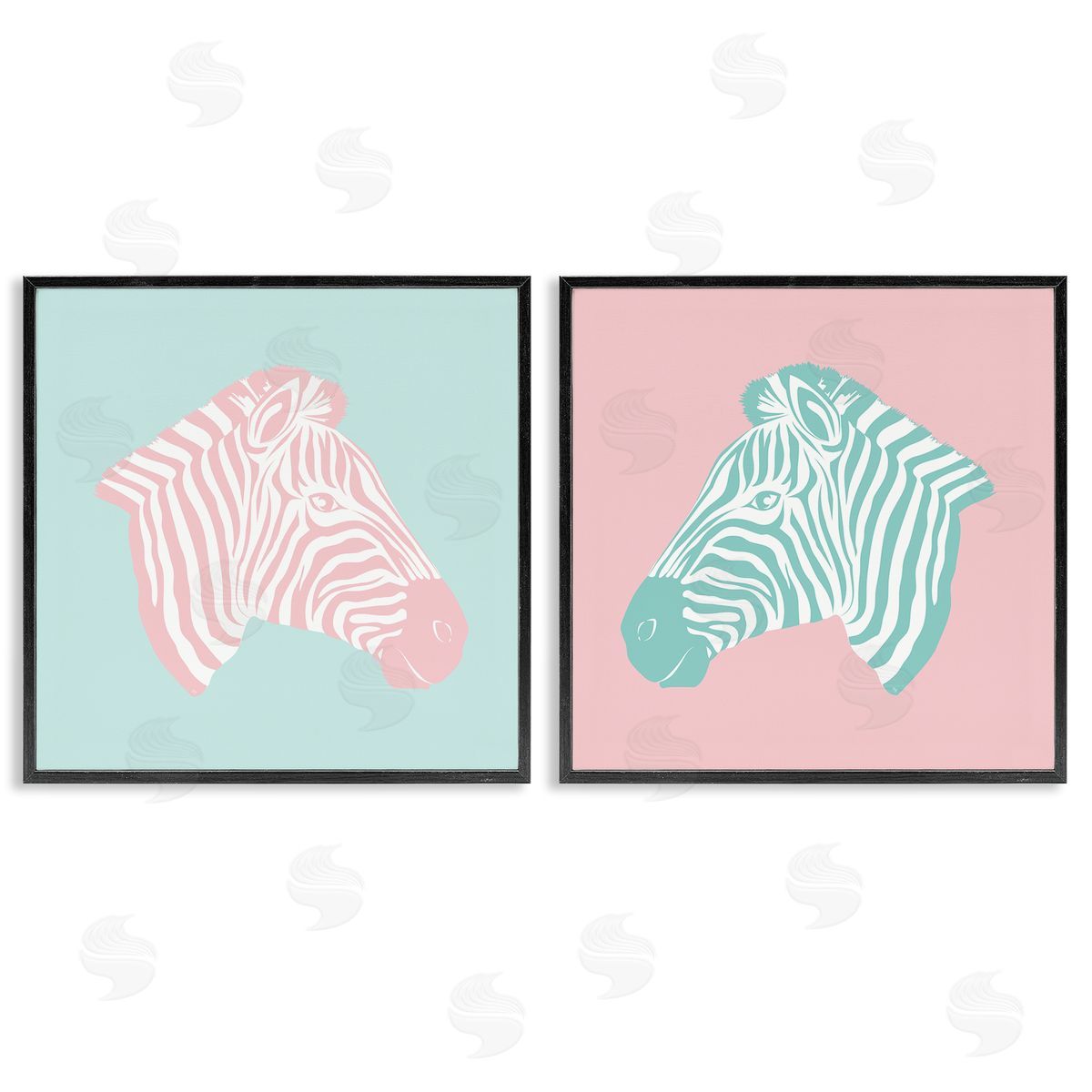 Sweet Pink and Teal Zebras Black Frame Print Wall Art, Home Decor by Martina Pavlova
