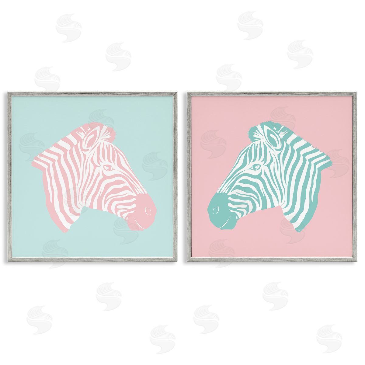 Sweet Pink and Teal Zebras Grey Frame Print Wall Art, Home Decor by Martina Pavlova