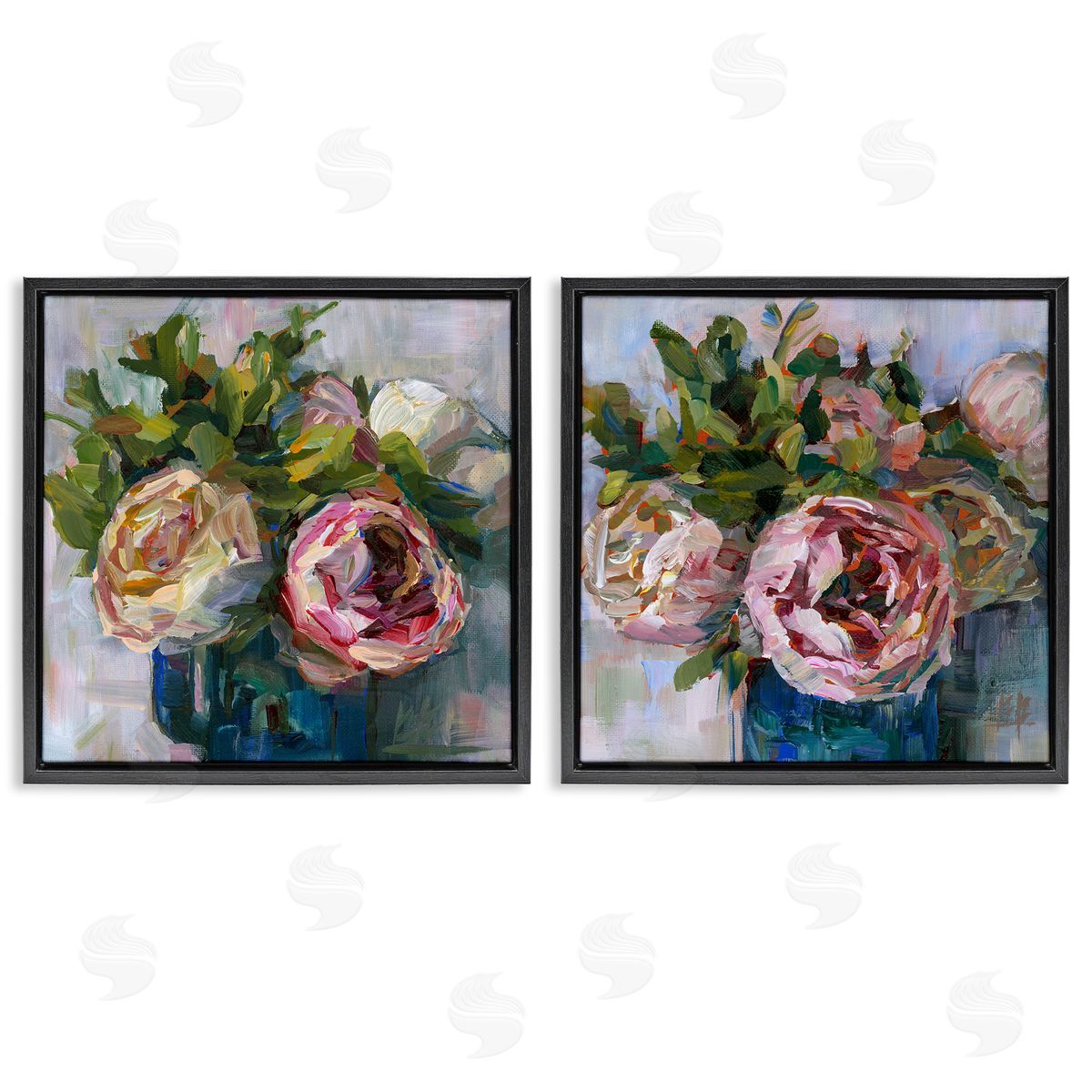 Impasto Cabbage Roses in Vases Black Floating Frame Canvas Wall Art, Home Decor by Borcherding