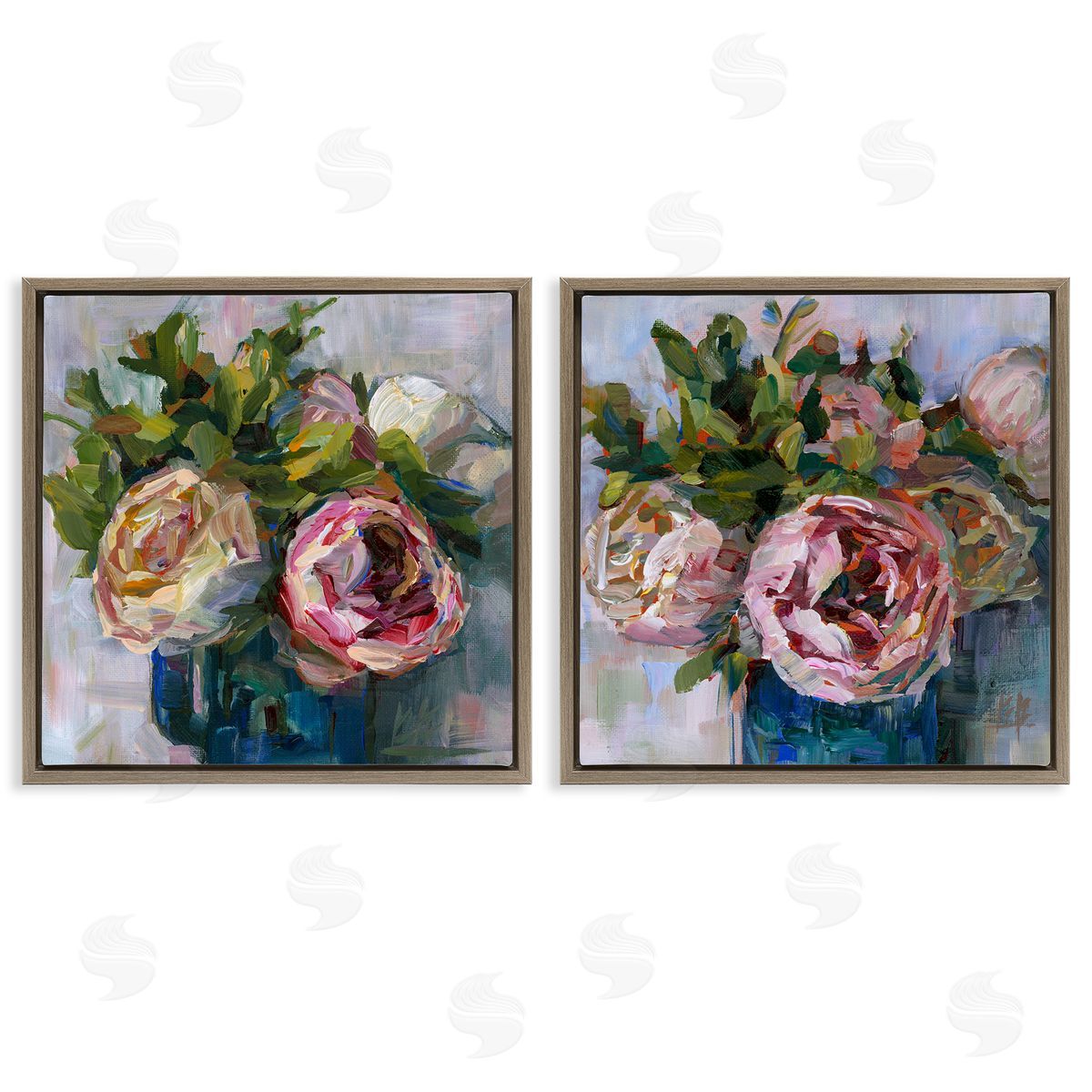 Impasto Cabbage Roses in Vases Brown Floating Frame Canvas Wall Art, Home Decor by Borcherding