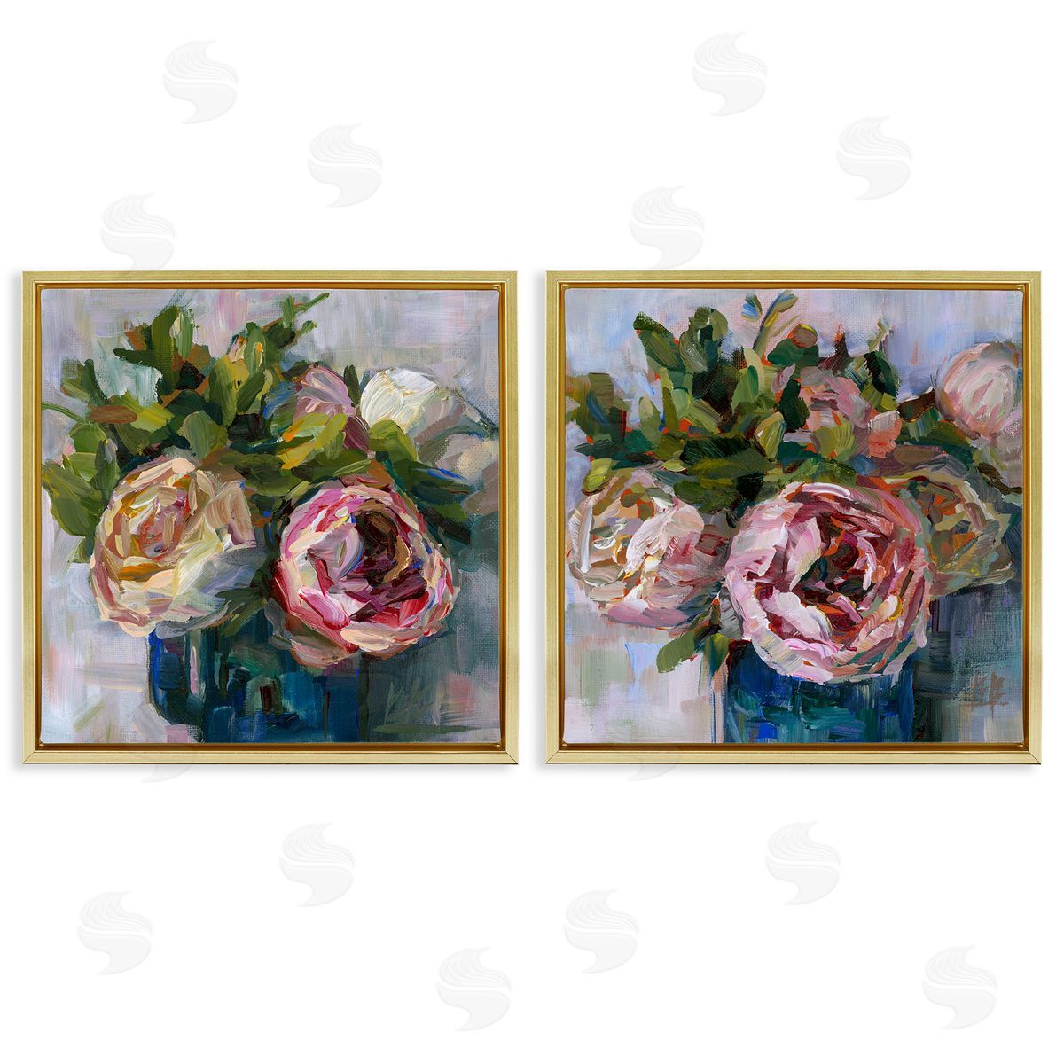 Impasto Cabbage Roses in Vases Gold Floating Frame Canvas Wall Art, Home Decor by Borcherding