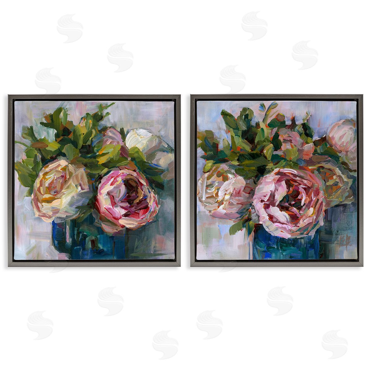Impasto Cabbage Roses in Vases Grey Floating Frame Canvas Wall Art, Home Decor by Borcherding