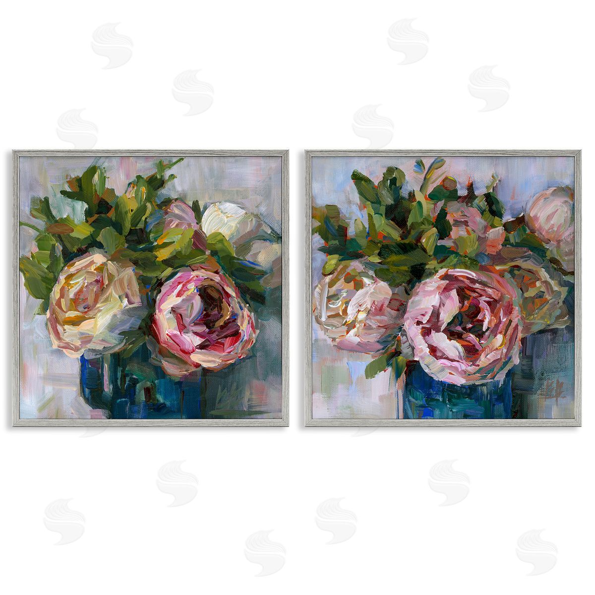 Impasto Cabbage Roses in Vases Grey Frame Print Wall Art, Home Decor by Borcherding