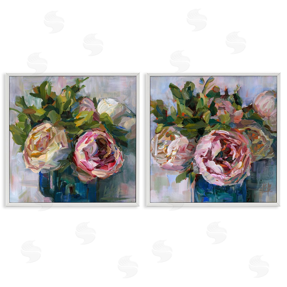 Impasto Cabbage Roses in Vases White Frame Print Wall Art, Home Decor by Borcherding