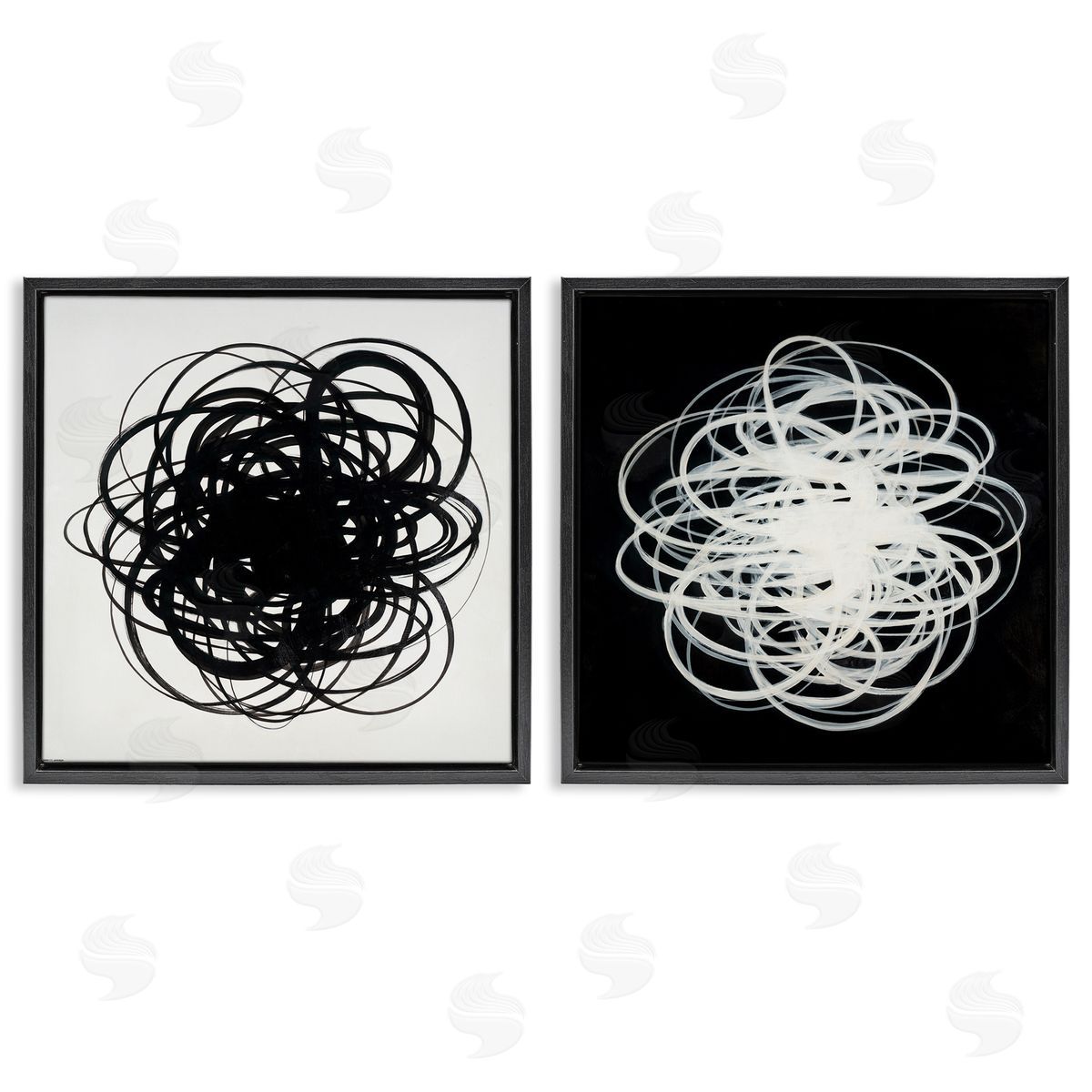 Haxton Black & White Tangled Lines Black Floating Frame Canvas Wall Art Print