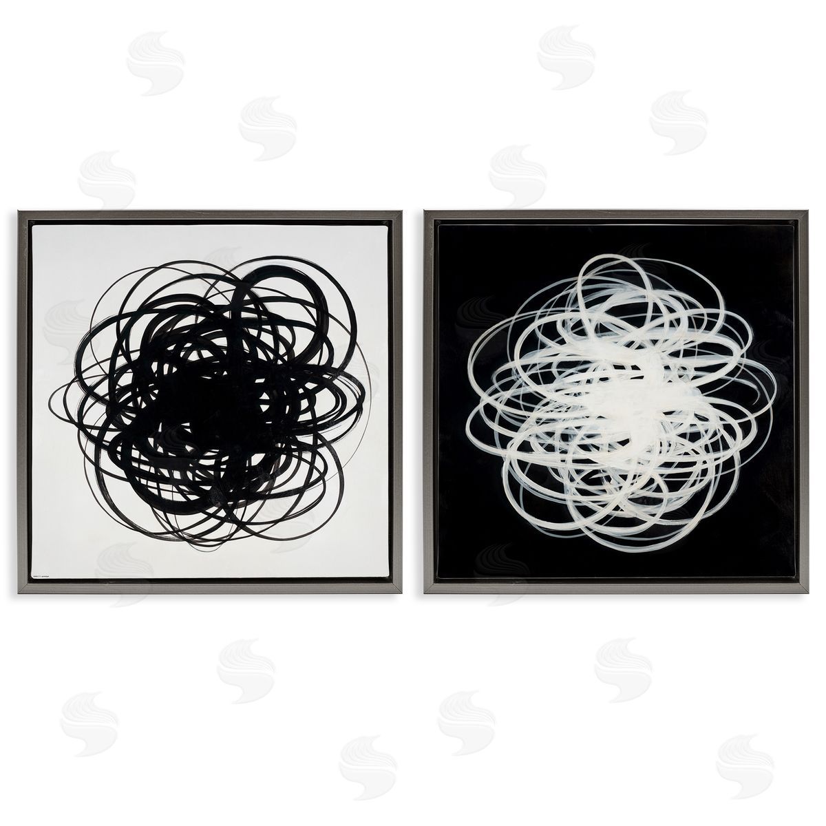 Haxton Black & White Tangled Lines Gray Floating Frame Canvas Wall Art Print
