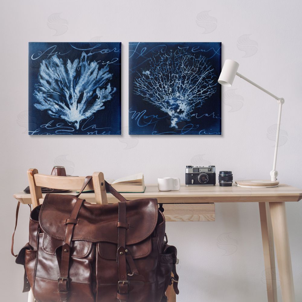 Liz Jardine Dark Blue Coral Pieces Canvas Wall Art Print in Room