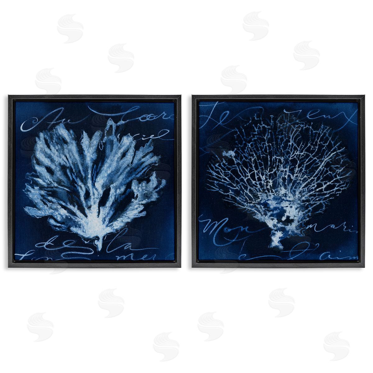 Liz Jardine Dark Blue Coral Pieces Black Floating Frame Canvas Wall Art Print