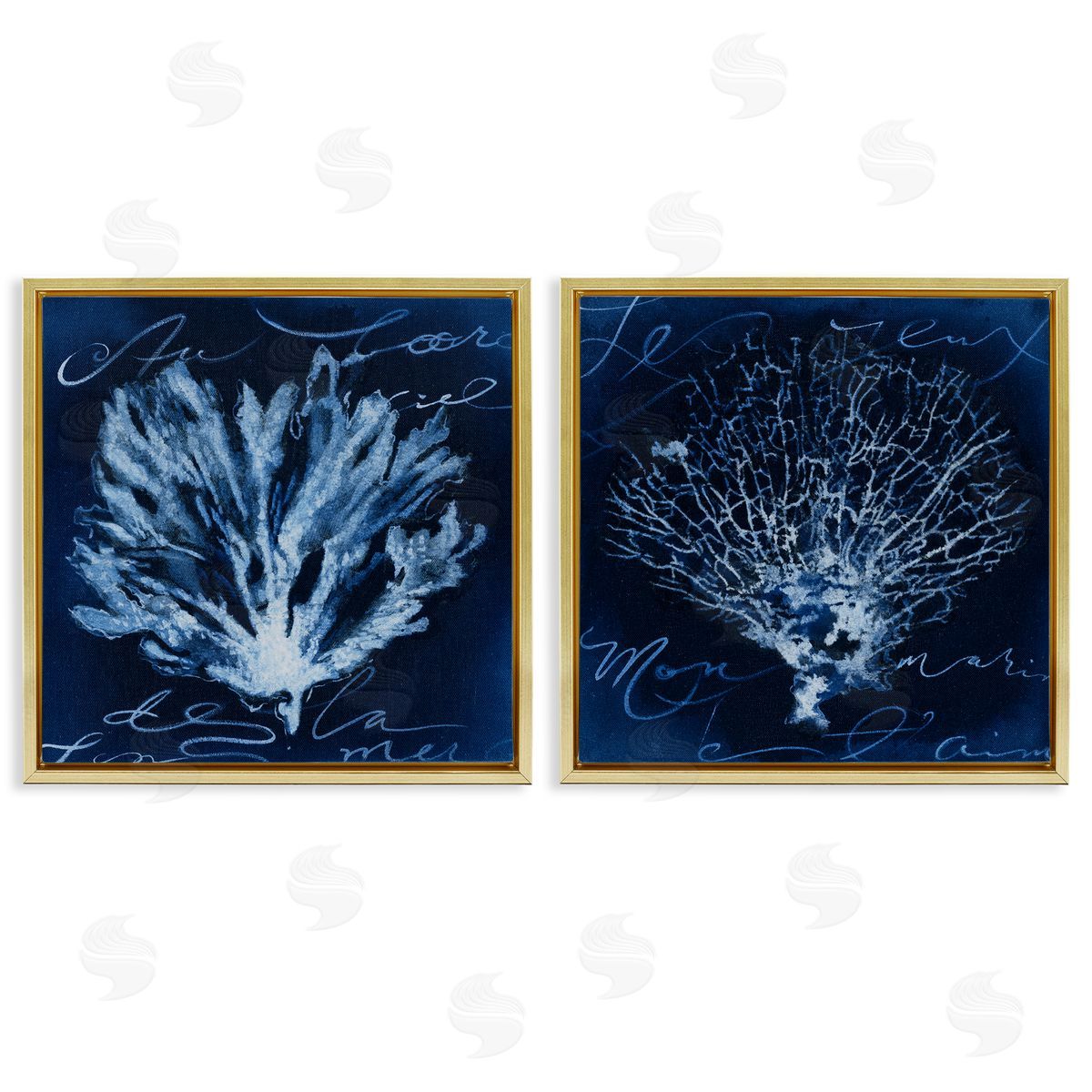 Liz Jardine Dark Blue Coral Pieces Gold Floating Frame Canvas Wall Art Print