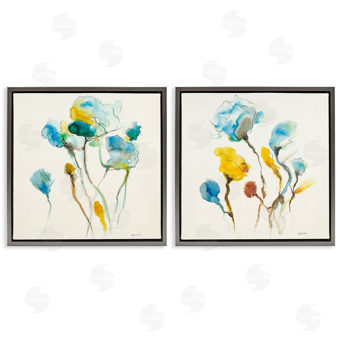 Patti Mann Watercolor Teal & Yellow Flowers Gray Floating Frame Canvas Wall Art Print
