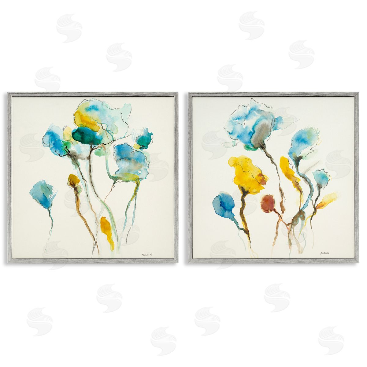Patti Mann Watercolor Teal & Yellow Flowers Gray Framed Giclee Wall Art Print