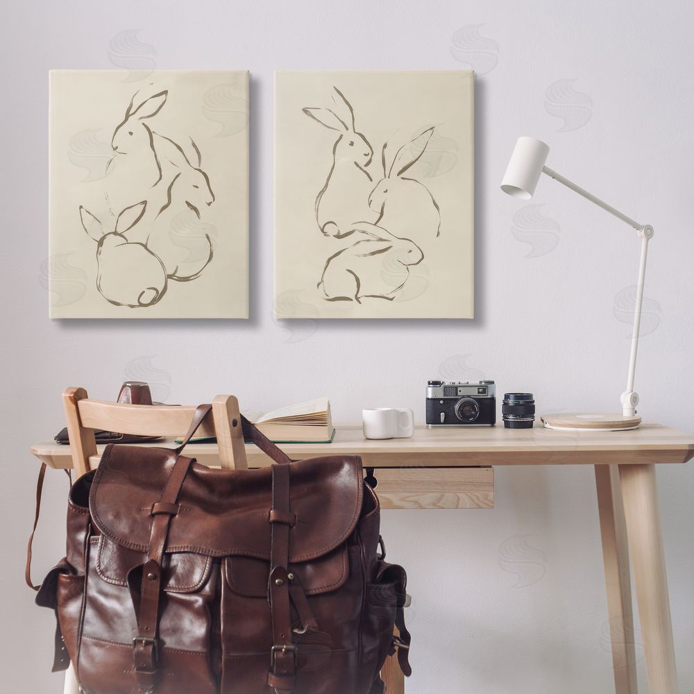 June Erica Vess Earthtone Sitting Rabbits Sketch Canvas Wall Art Print in Room