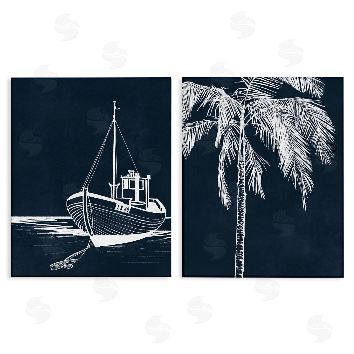 Leah Noel Art Blue Boat & Palm Canvas Wall Art Print