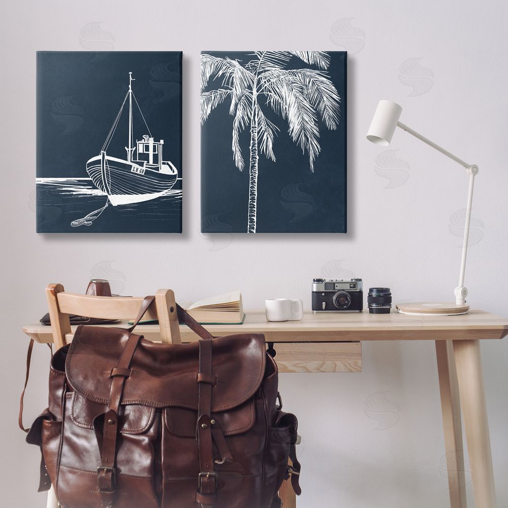 Leah Noel Art Blue Boat & Palm Canvas Wall Art Print in Room