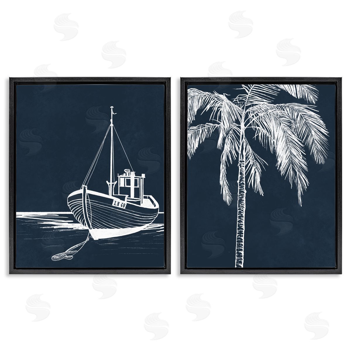 Leah Noel Art Blue Boat & Palm Black Floating Frame Canvas Wall Art Print