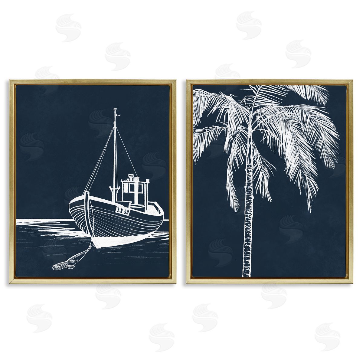 Leah Noel Art Blue Boat & Palm Gold Floating Frame Canvas Wall Art Print