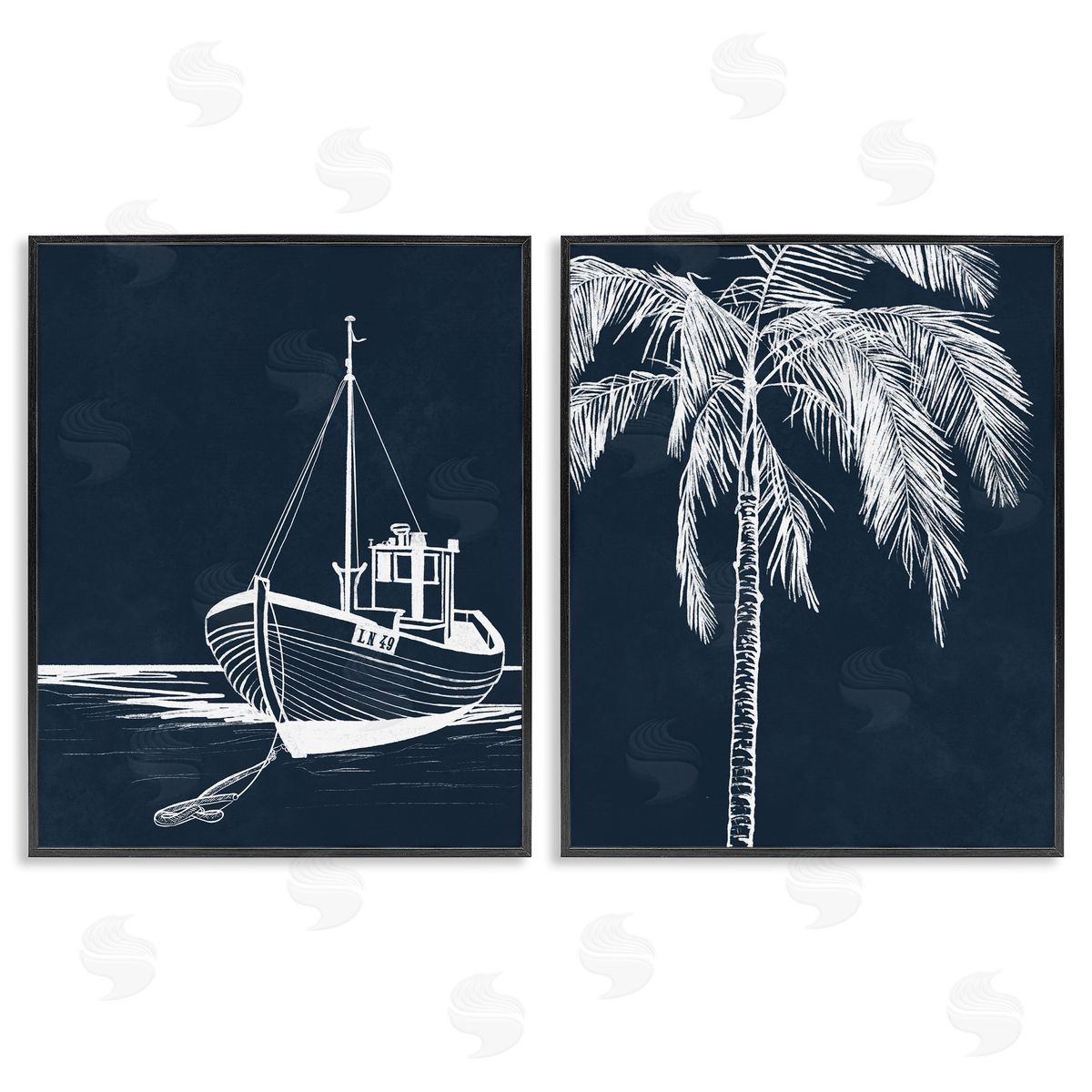 Leah Noel Art Blue Boat & Palm Black Framed Giclee Wall Art Print
